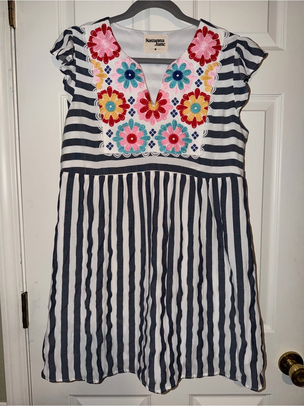 Savanna Jane Navy/White‎ Striped Mini Dress w/Multicolor Floral Yoke Embroidery